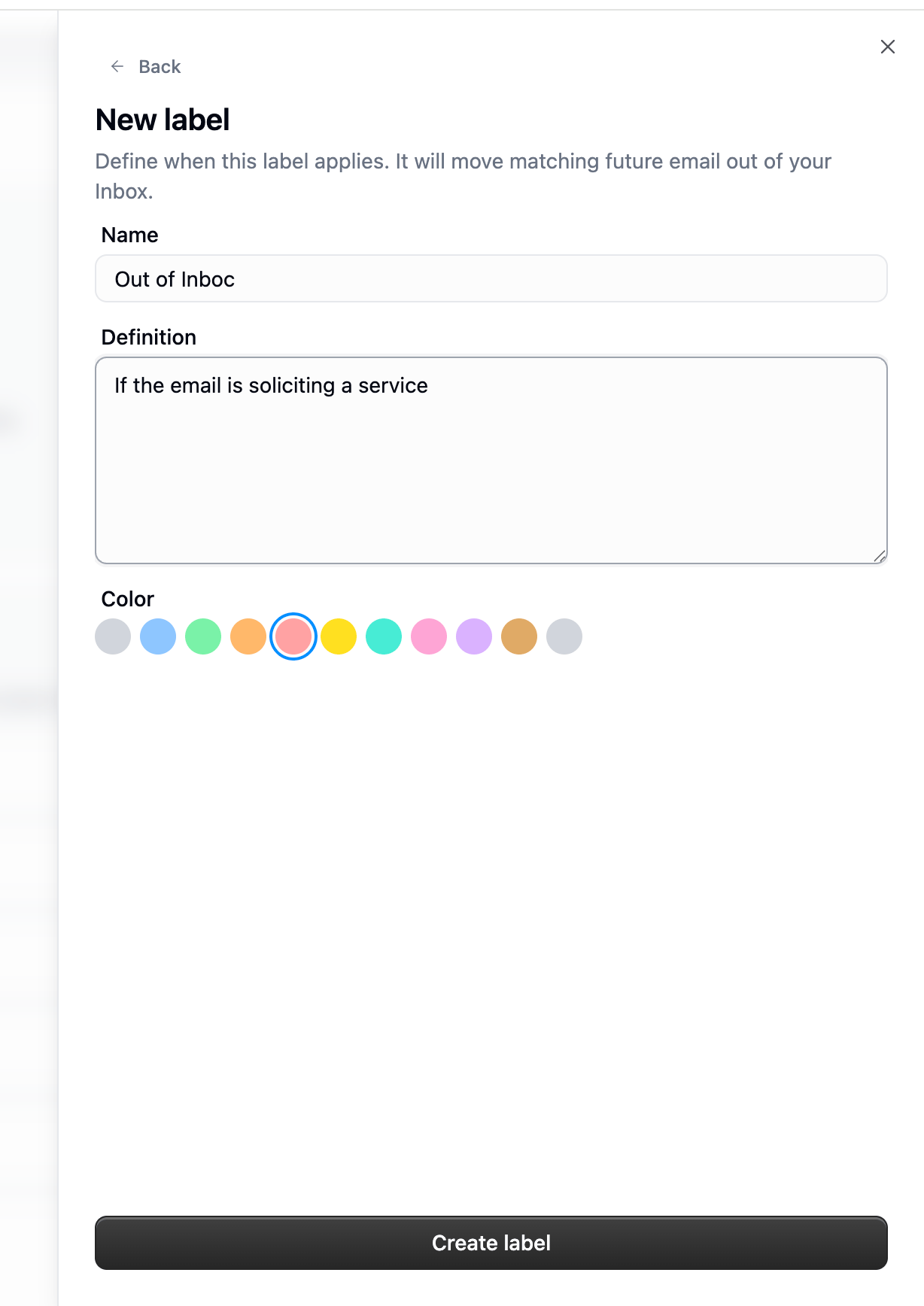 New label form with Name, Definition, and a colour picker
