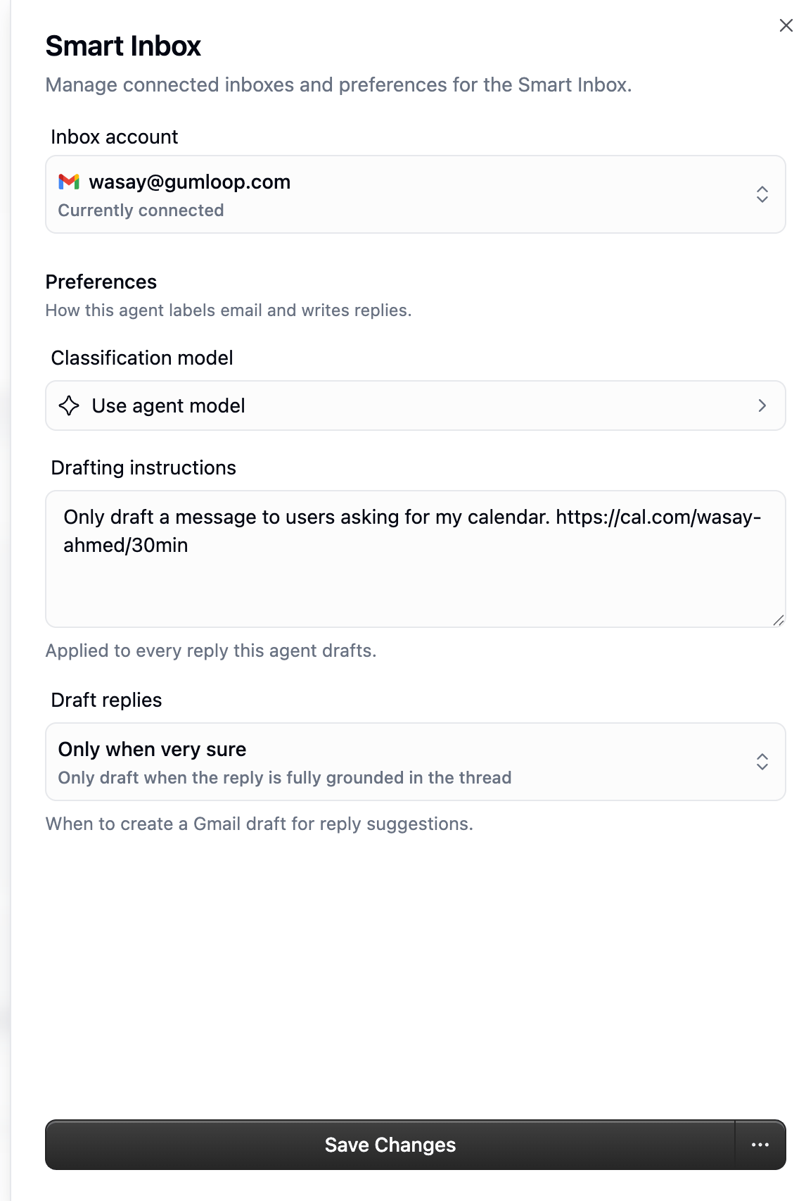 Smart Inbox settings with Inbox account, Classification model, Drafting instructions, and Draft replies threshold