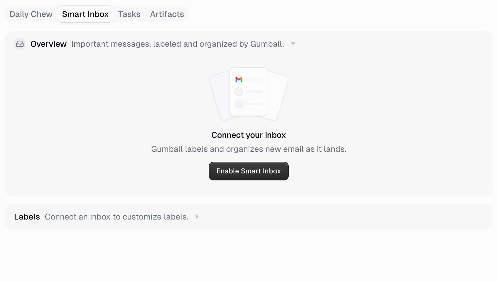 Smart Inbox tab showing the Connect your inbox empty state with an Enable Smart Inbox button