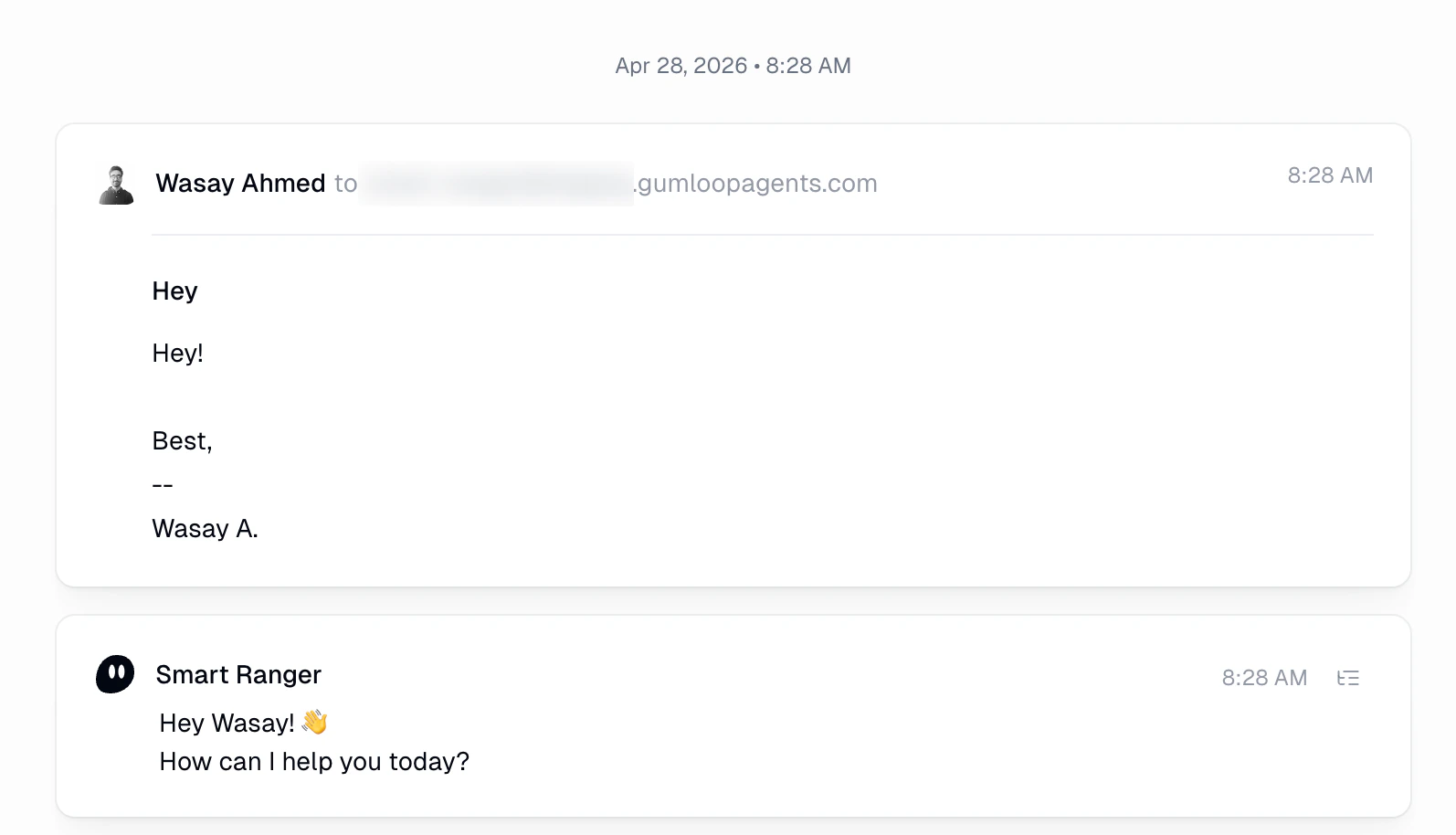 Email conversation showing a user message and the agent's response inside the Gumloop chat interface