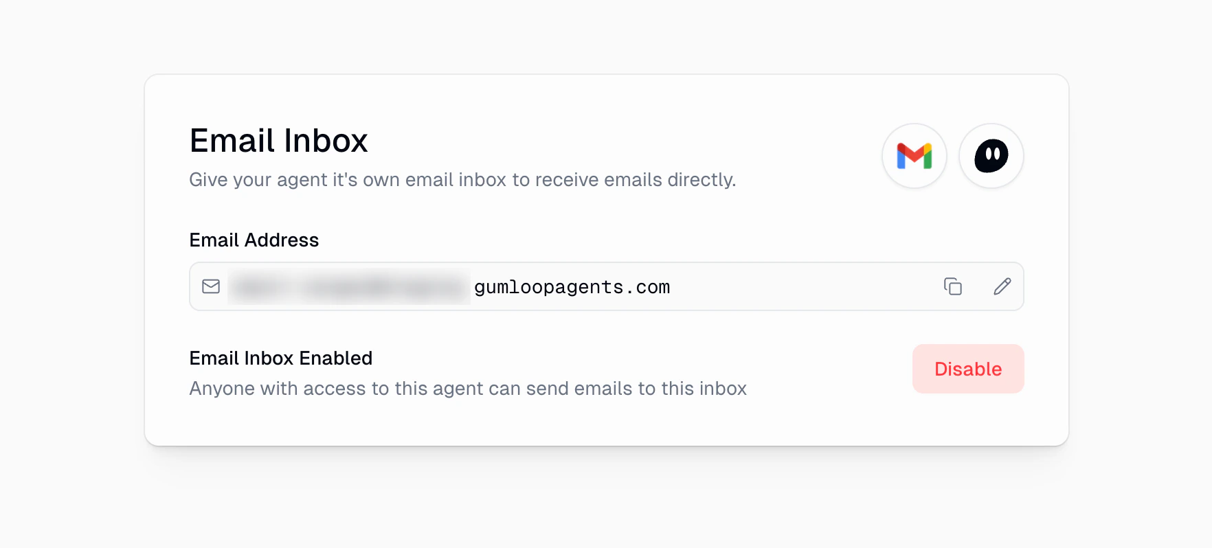 Email Inbox enabled showing the generated email address with copy and edit buttons