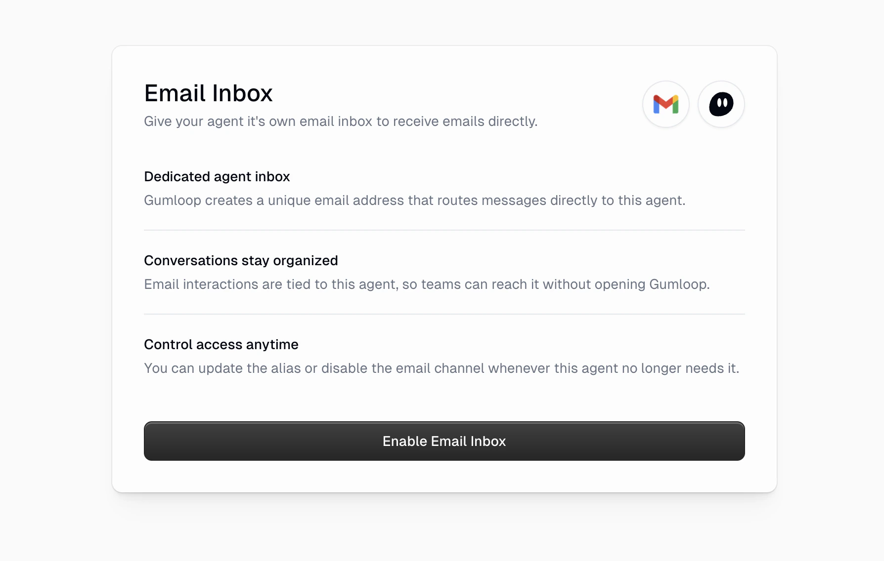 Email Inbox setup page with Enable Email Inbox button