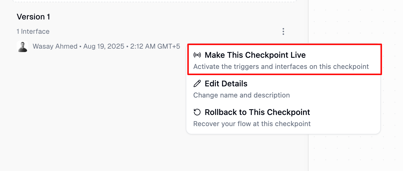Checkpoint History panel showing Make This Checkpoint Live option