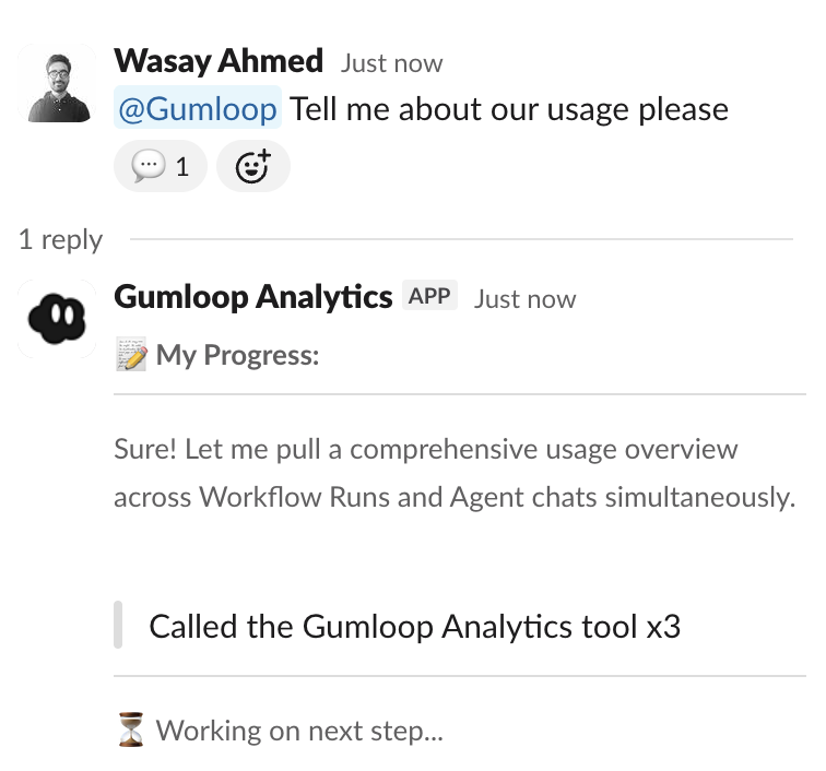 Gumloop Analytics responding to a query in Slack
