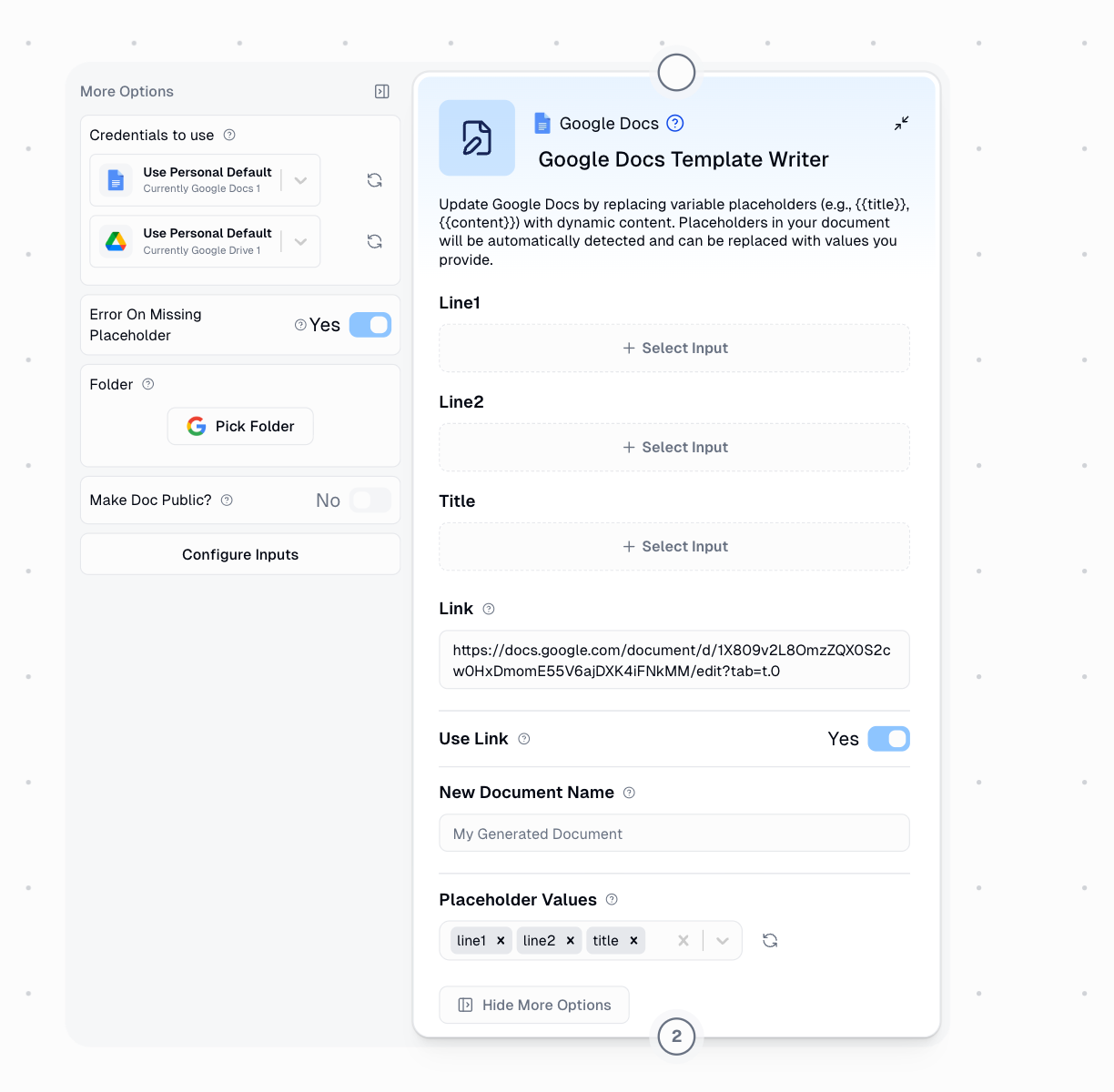 Google Docs Template Writer node interface