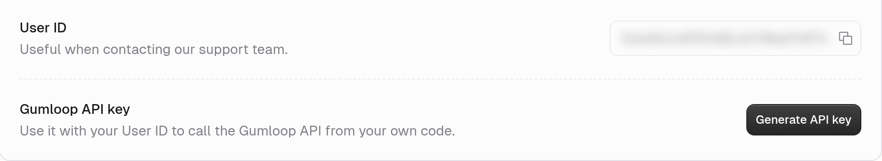 Profile settings showing the User ID row and the Gumloop API key row with the text 'Use it with your User ID to call the Gumloop API from your own code.' and a Generate API key button