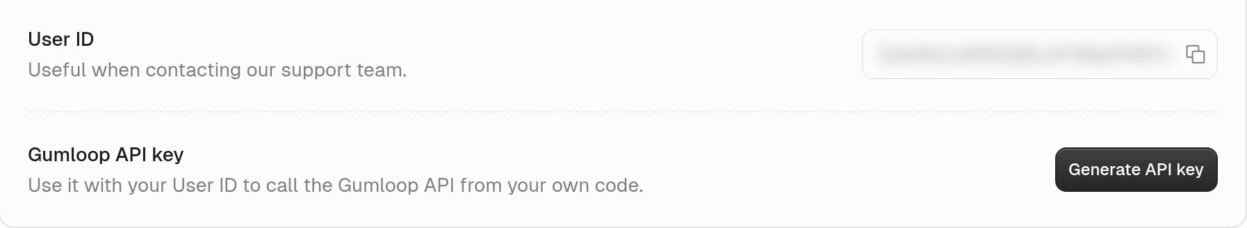 Profile settings showing the User ID row and the Gumloop API key row with the text 'Use it with your User ID to call the Gumloop API from your own code.' and a Generate API key button