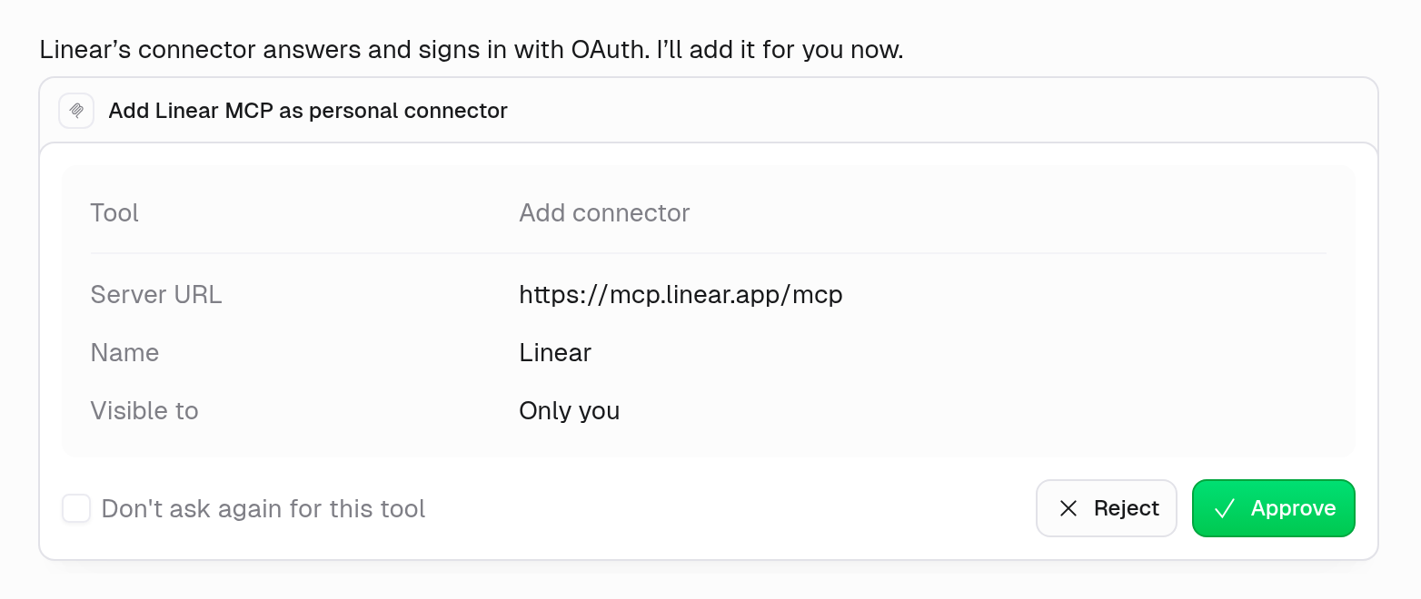 Gumball approval card titled Add Linear MCP as personal connector, with Tool: Add connector, Server URL: https://mcp.linear.app/mcp, Name: Linear, Visible to: Only you, and Reject and Approve buttons