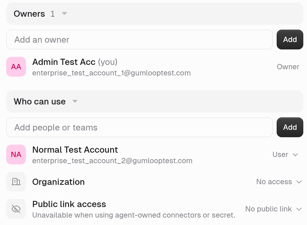 Agent Access tab with an Owners section and an Add an owner field, a Who can use section with an Add people or teams field and a User, then Organization set to No access and Public link access set to No public link