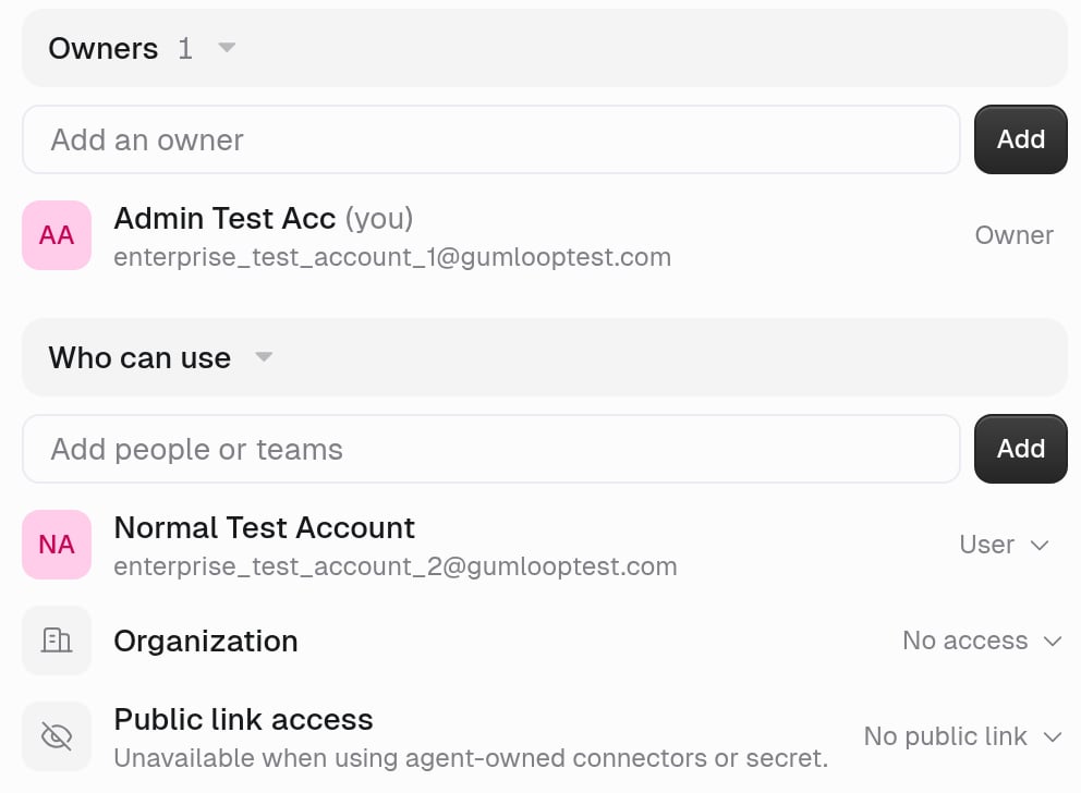 Agent Access tab with an Owners section and an Add an owner field, a Who can use section with an Add people or teams field and a User, then Organization set to No access and Public link access set to No public link