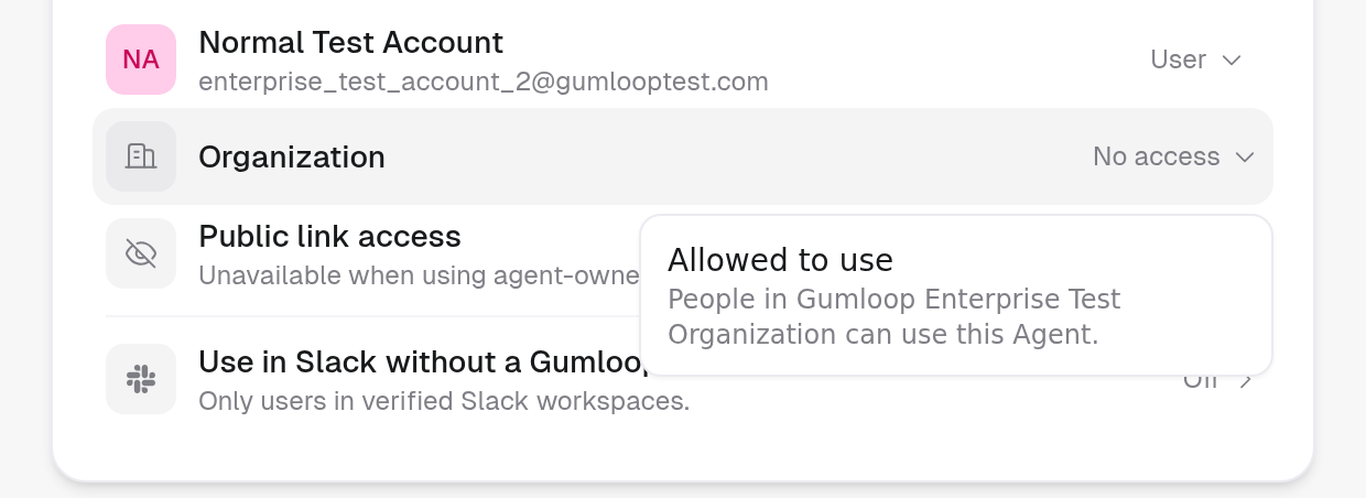 Organization row menu open with the option Allowed to use: People in the organization can use this Agent