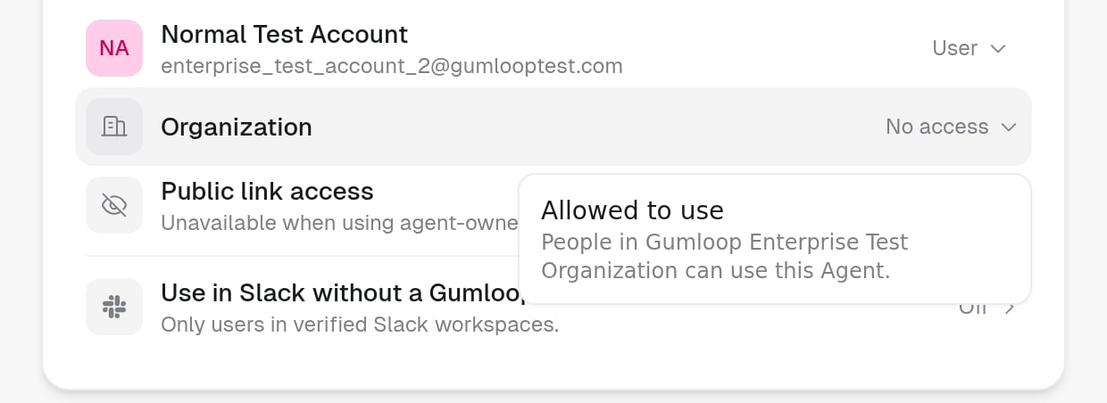 Organization row menu open with the option Allowed to use: People in the organization can use this Agent