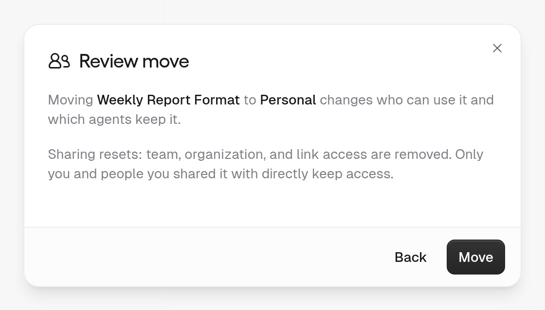 Review move step: Moving Weekly Report Format to Personal changes who can use it and which agents keep it. Sharing resets: team, organization, and link access are removed. Only you and people you shared it with directly keep access.