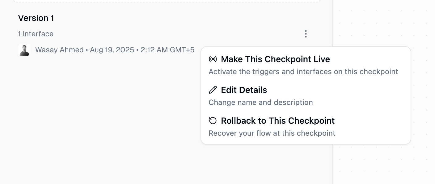 Checkpoint menu options