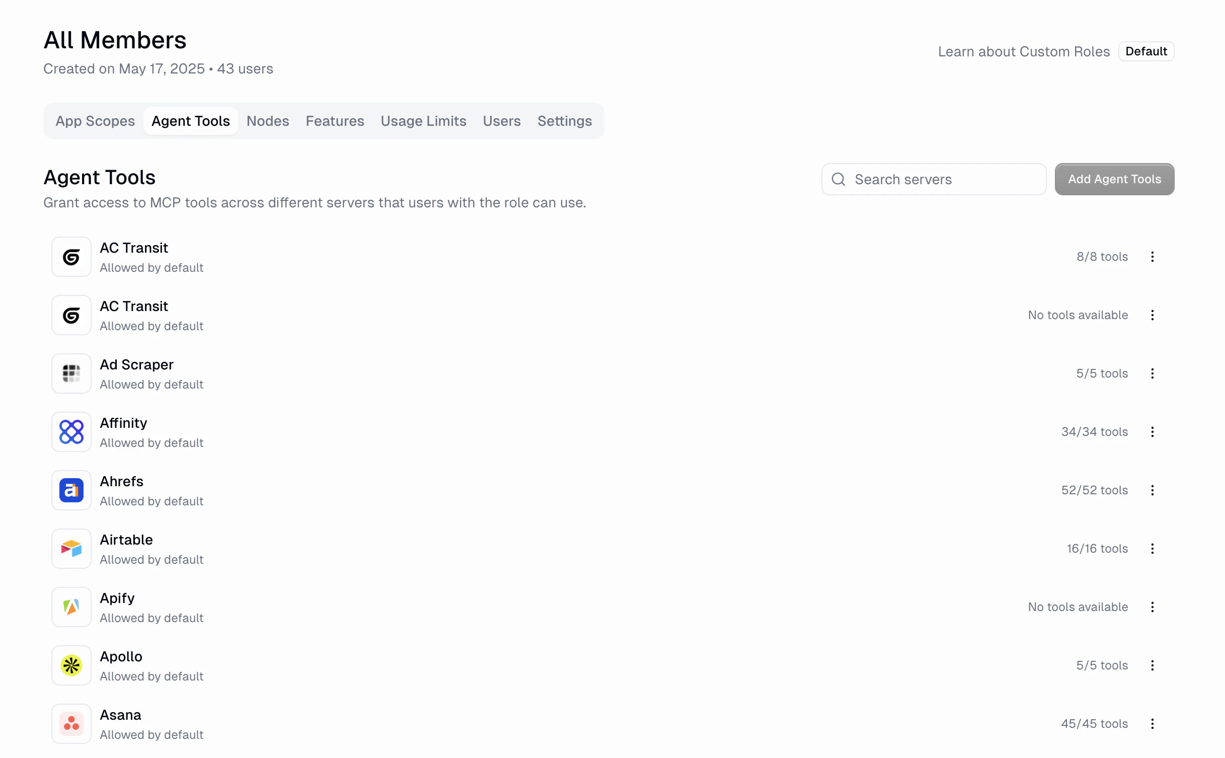 Custom role Agent Tools tab listing per-app tool allow-lists