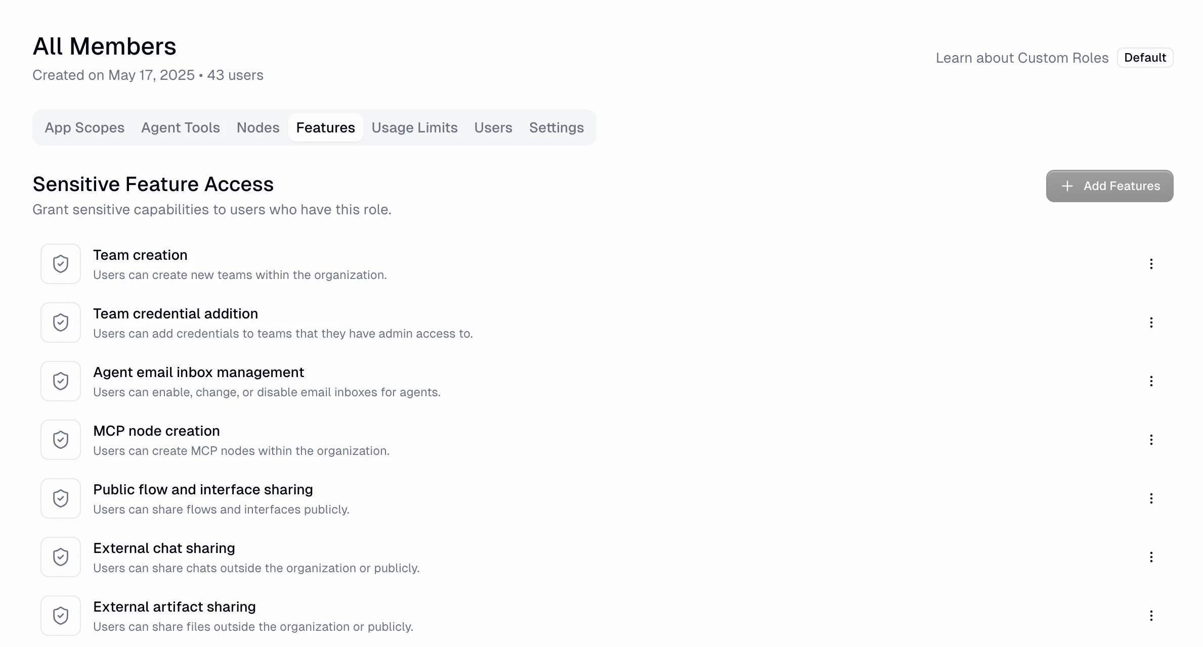 Custom role Features tab listing sensitive feature toggles such as creating a team, adding a credential to a team, building MCP nodes, and sharing publicly