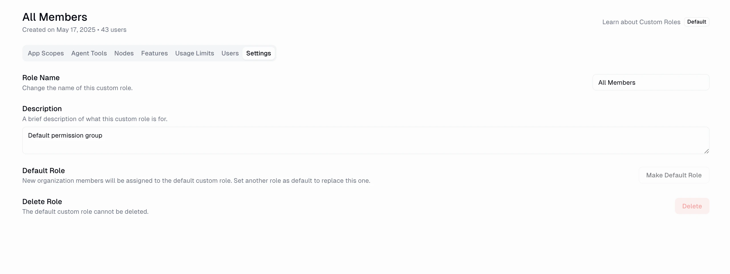 Custom role Settings tab with Role Name, Description, Default Role toggle, and Delete Role action