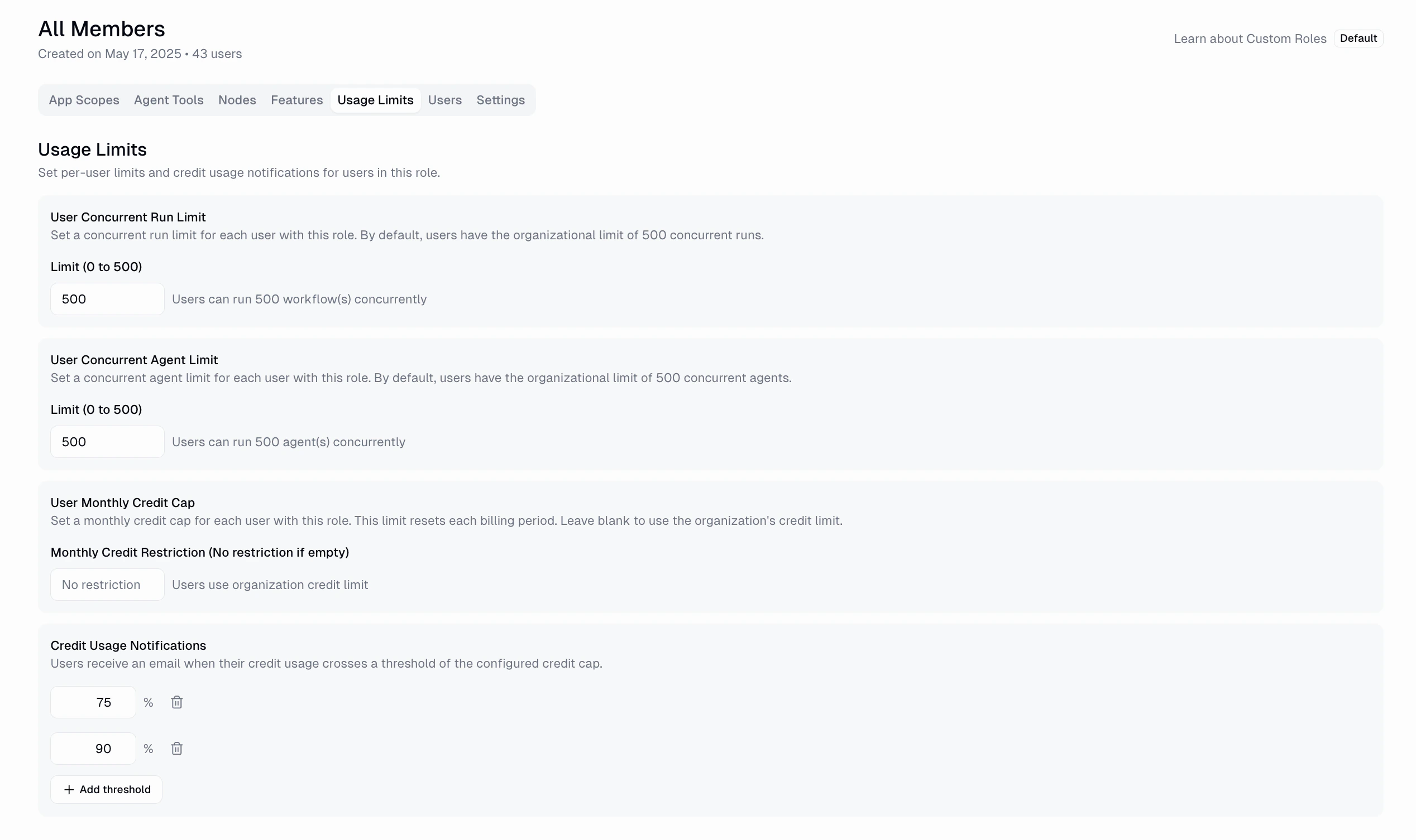 Custom role Usage Limits tab showing User Concurrent Run Limit, User Concurrent Agent Limit, User Monthly Credit Cap, and Credit Usage Notifications