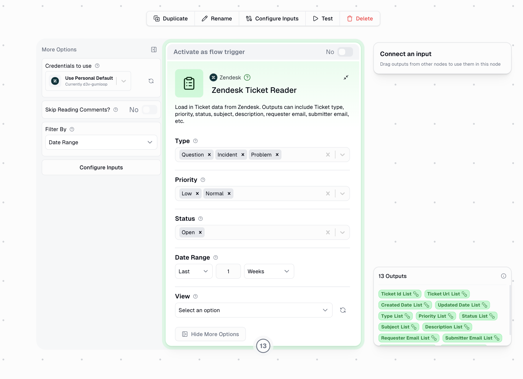 Zendesk Ticket Reader node interface