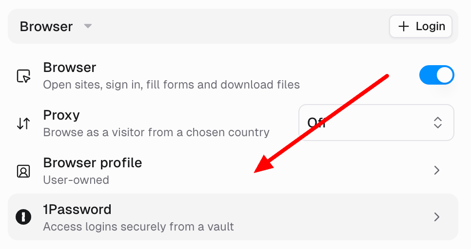Agent Browser section with the Browser toggle on, Proxy, Browser profile set to User-owned, and 1Password