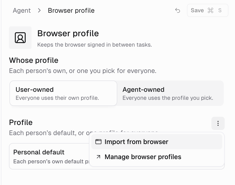 Browser profile settings with the Profile menu open, showing Import from browser and Manage browser profiles