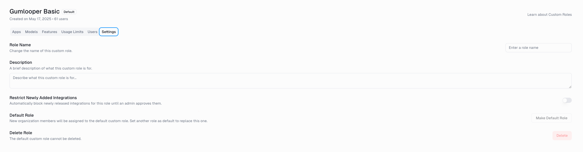 Settings tab with role name, description, Restrict Newly Added Integrations toggle, default role, and delete
