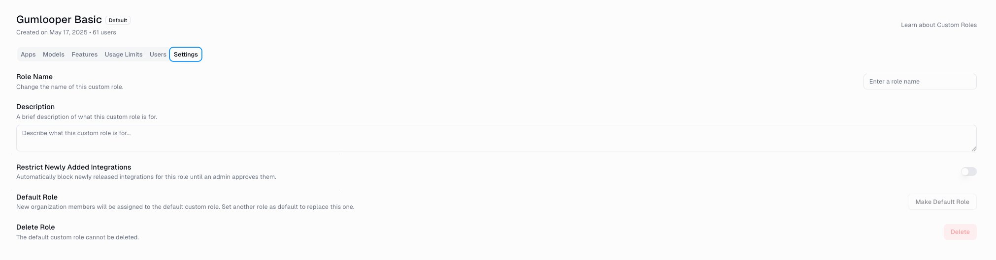 Settings tab with role name, description, Restrict Newly Added Integrations toggle, default role, and delete