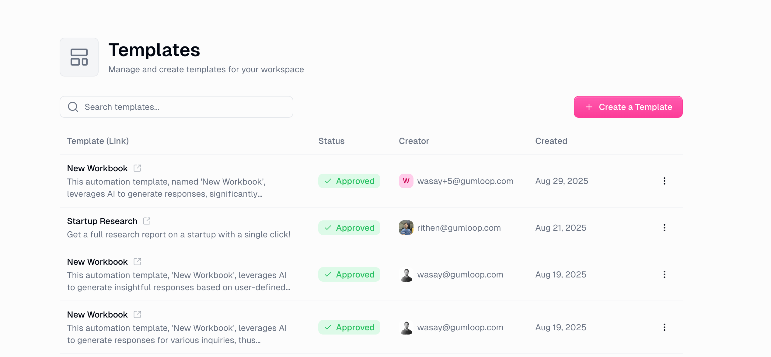 Organization template settings page