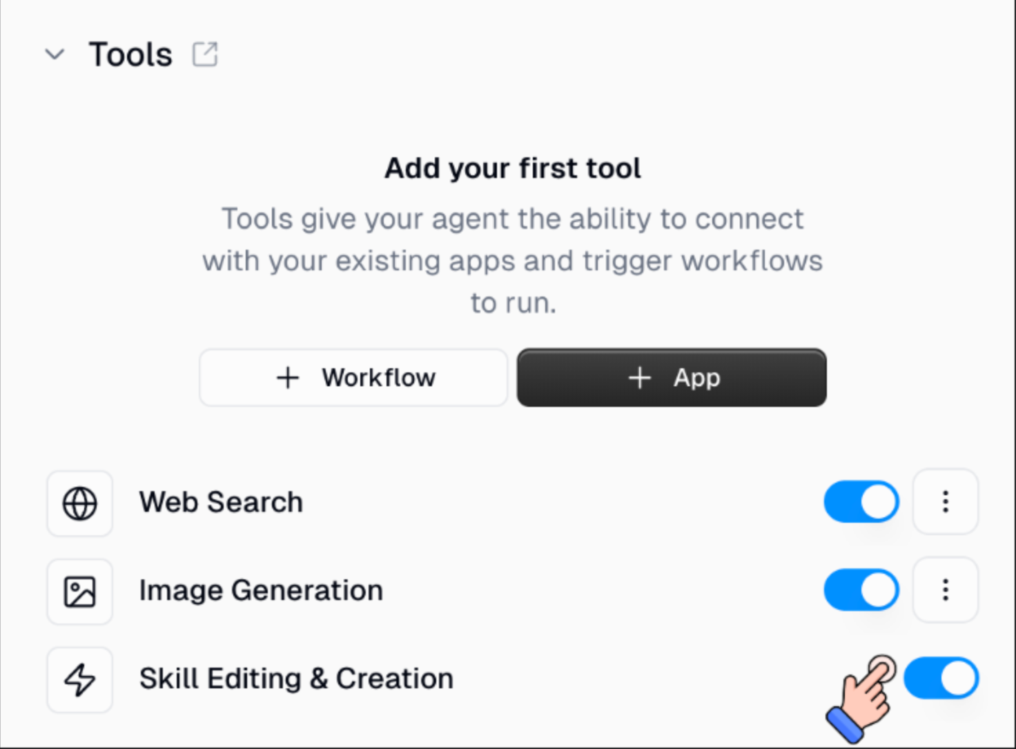 Skill Editing & Creation toggle enabled in agent tools