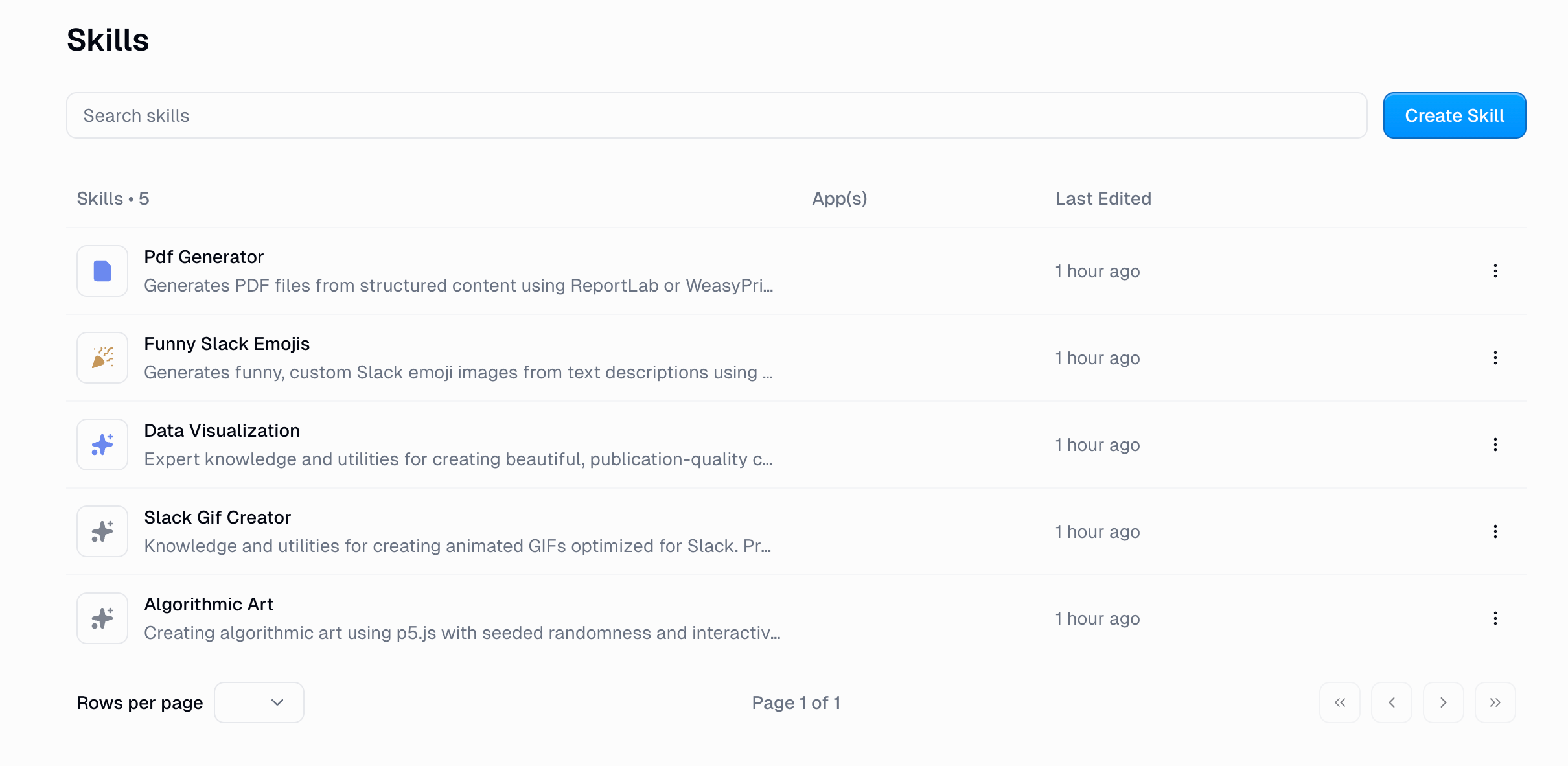 The Skills page in Gumloop showing skill management and creation options