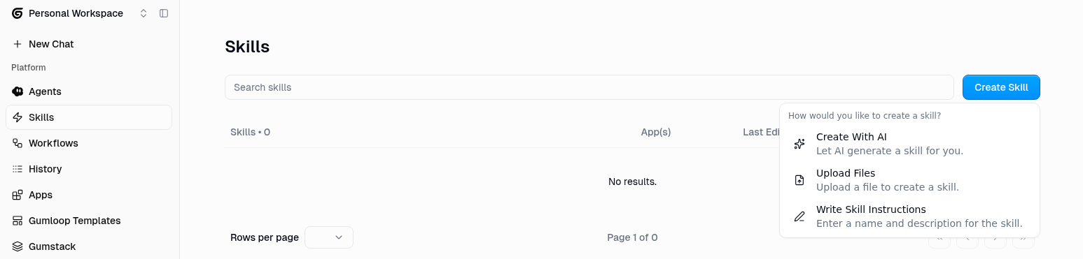 Skills page showing the three creation methods: Create With AI, Upload Files, and Write Skill Instructions