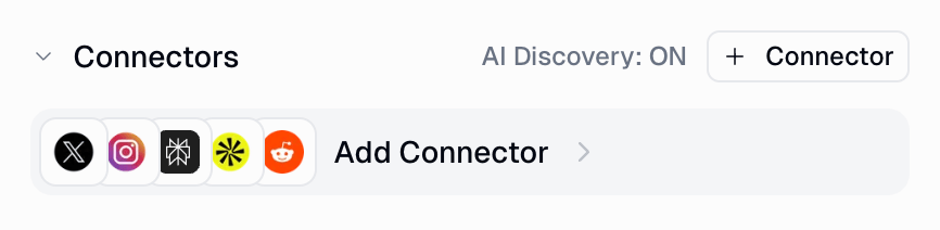 Connectors section showing connected connector icons, an Add Connector row, and the AI Discovery toggle set to ON