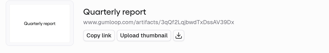 Artifact Settings showing the Quarterly report display name, thumbnail, Copy link, and Upload thumbnail