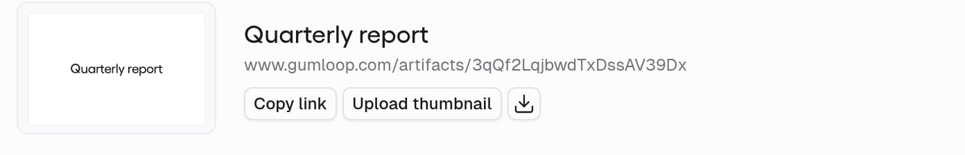 Artifact Settings showing the Quarterly report display name, thumbnail, Copy link, and Upload thumbnail