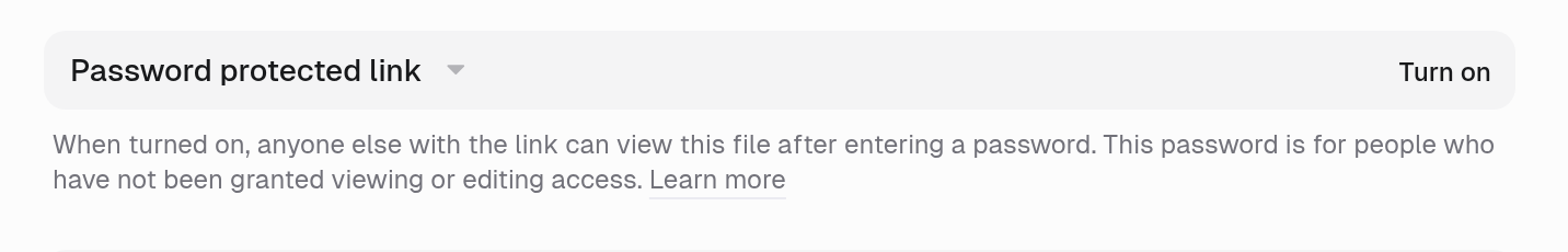 Password protected link section with Turn on and a note that people with viewing or editing access do not need the password