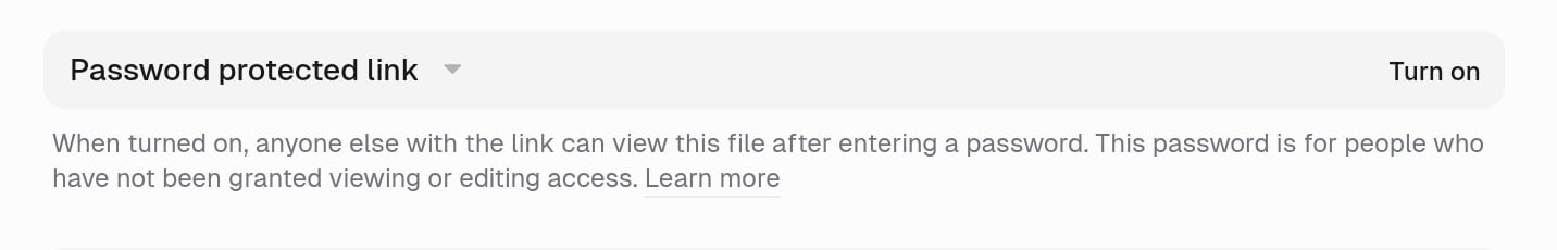 Password protected link section with Turn on and a note that people with viewing or editing access do not need the password