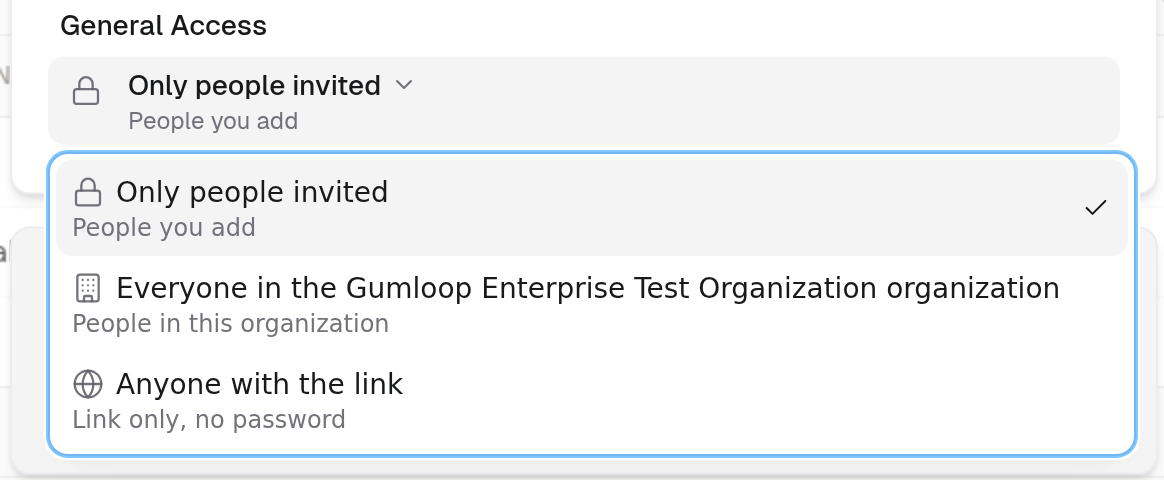 General Access menu showing Only people invited, everyone in the organization, and Anyone with the link