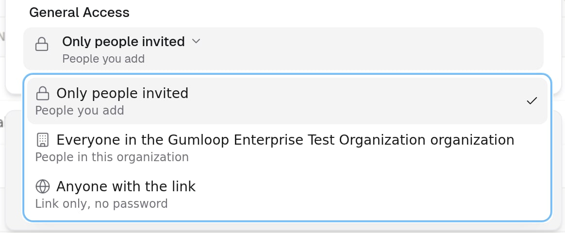 General Access menu showing Only people invited, everyone in the organization, and Anyone with the link