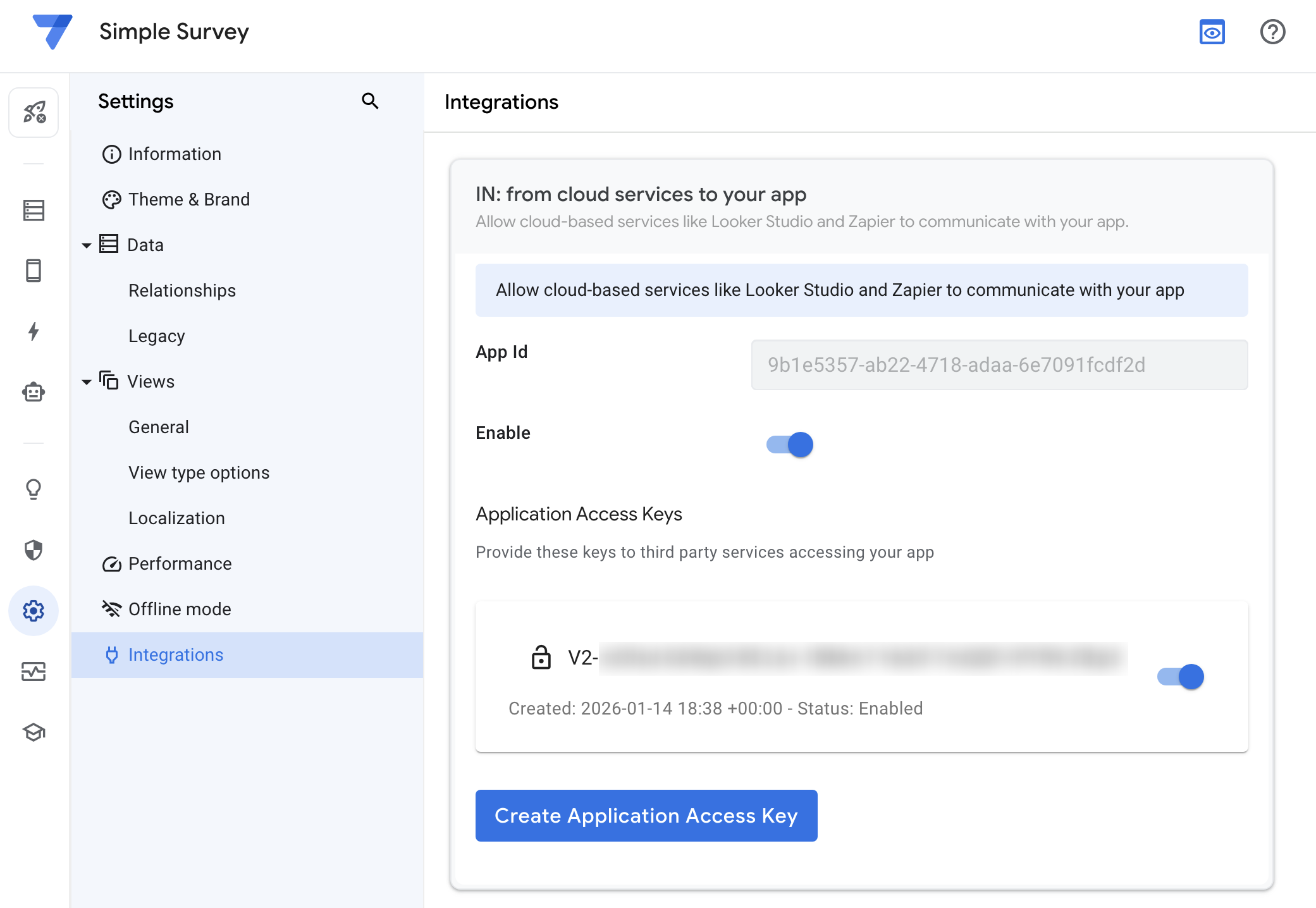 AppSheet Integrations settings showing the Enable toggle, App Id, and Application Access Keys section
