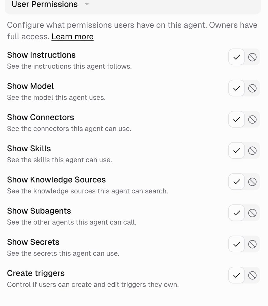 User Permissions section with eight settings, each set to Show or Hide