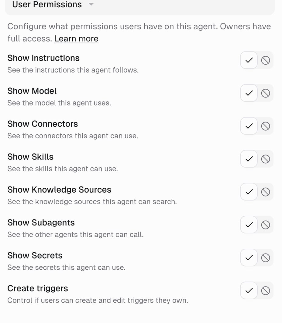 User Permissions section with eight settings, each set to Show or Hide