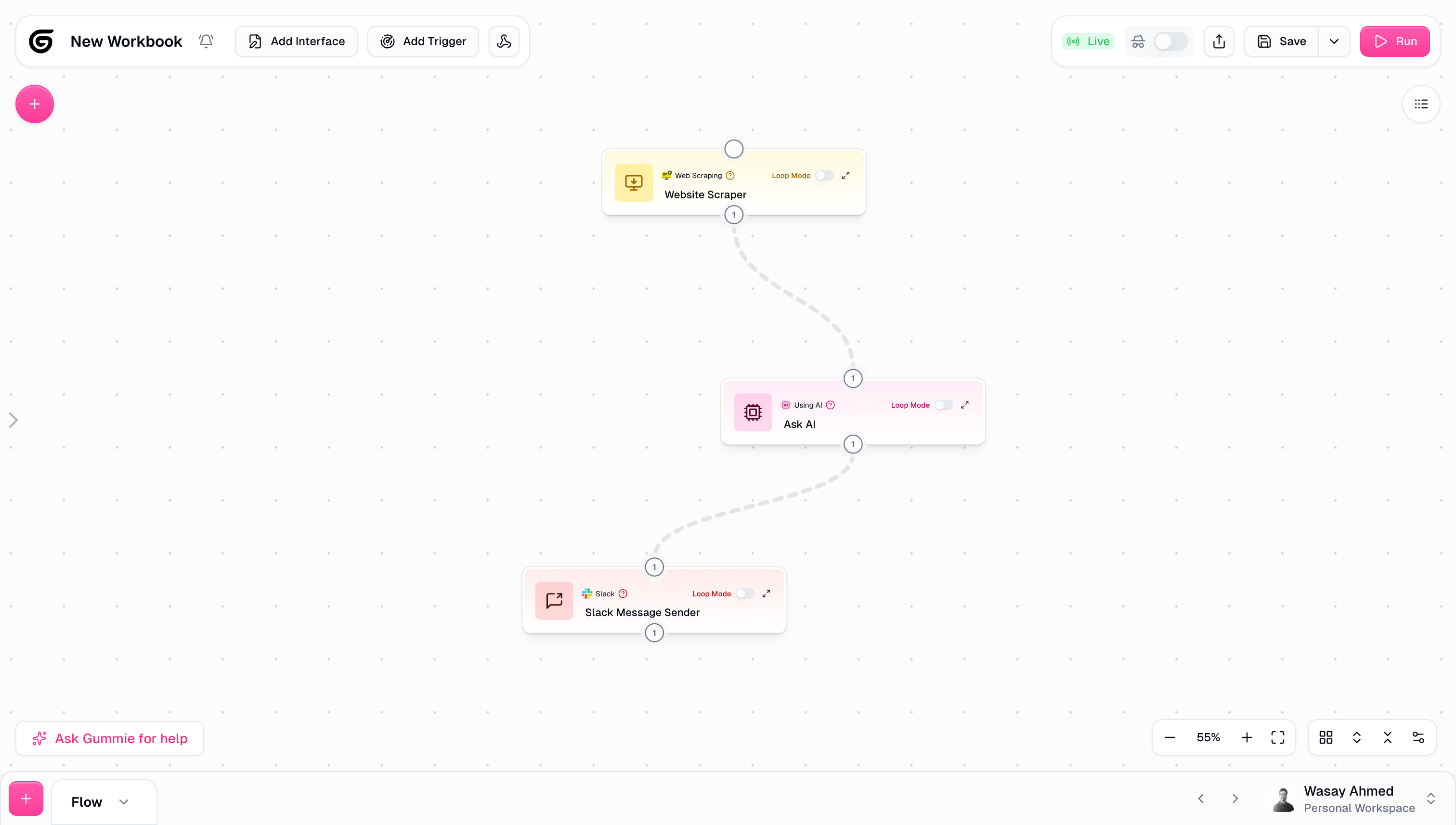 Workbook canvas with nodes and flows