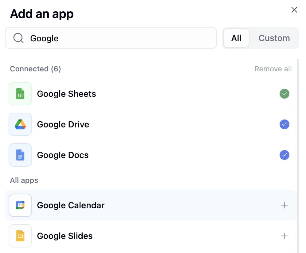 Add an app modal with a search box, All and Custom tabs, a Connected list with checkmarks, and an All apps list