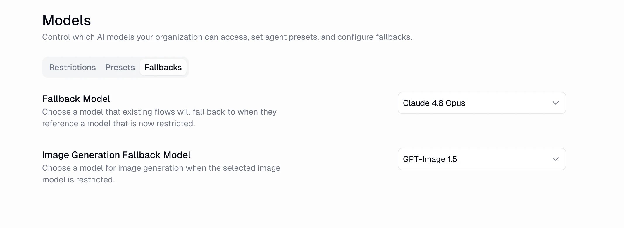 Fallbacks tab with a Fallback Model selector and an Image Generation Fallback Model selector