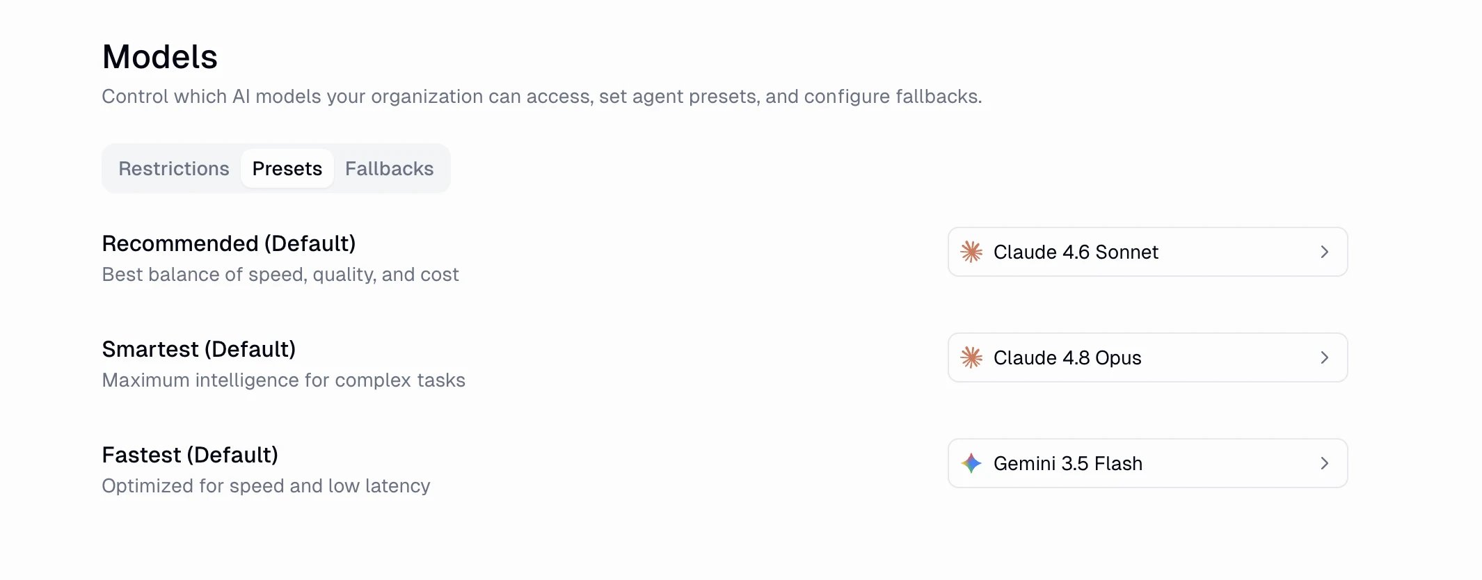 Presets tab showing Recommended, Smartest, and Fastest presets, each mapped to a model