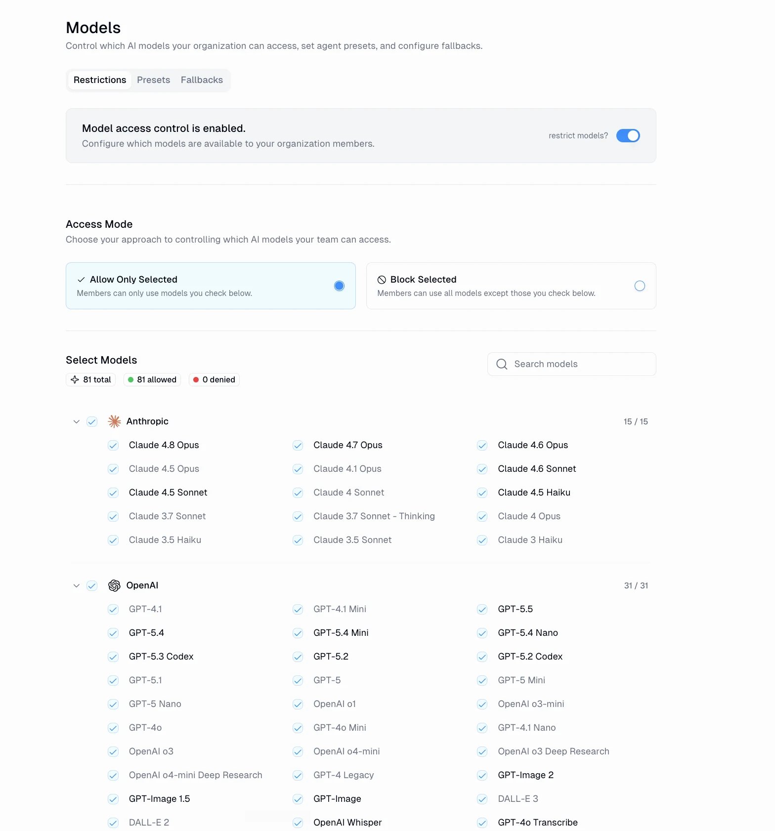 Restrictions tab with a restrict models toggle, Allow Only Selected and Block Selected access modes, and models grouped by provider with allowed and denied counts