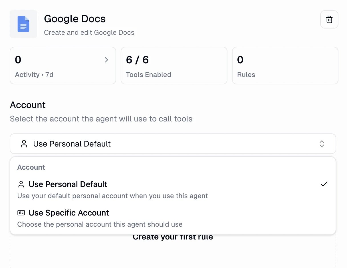 Google Docs app detail view showing Activity, Tools Enabled, and Rules tiles, with an Account selector offering Use Personal Default and Use Specific Account