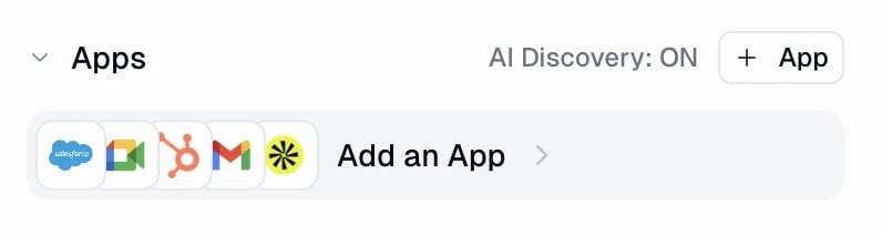 Apps section showing connected app icons, an Add an App row, and the AI Discovery toggle set to ON