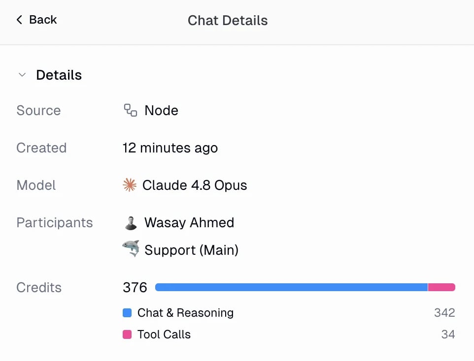 Chat Details panel showing source, model, participants, and a credit breakdown split into Chat and Reasoning and Tool Calls