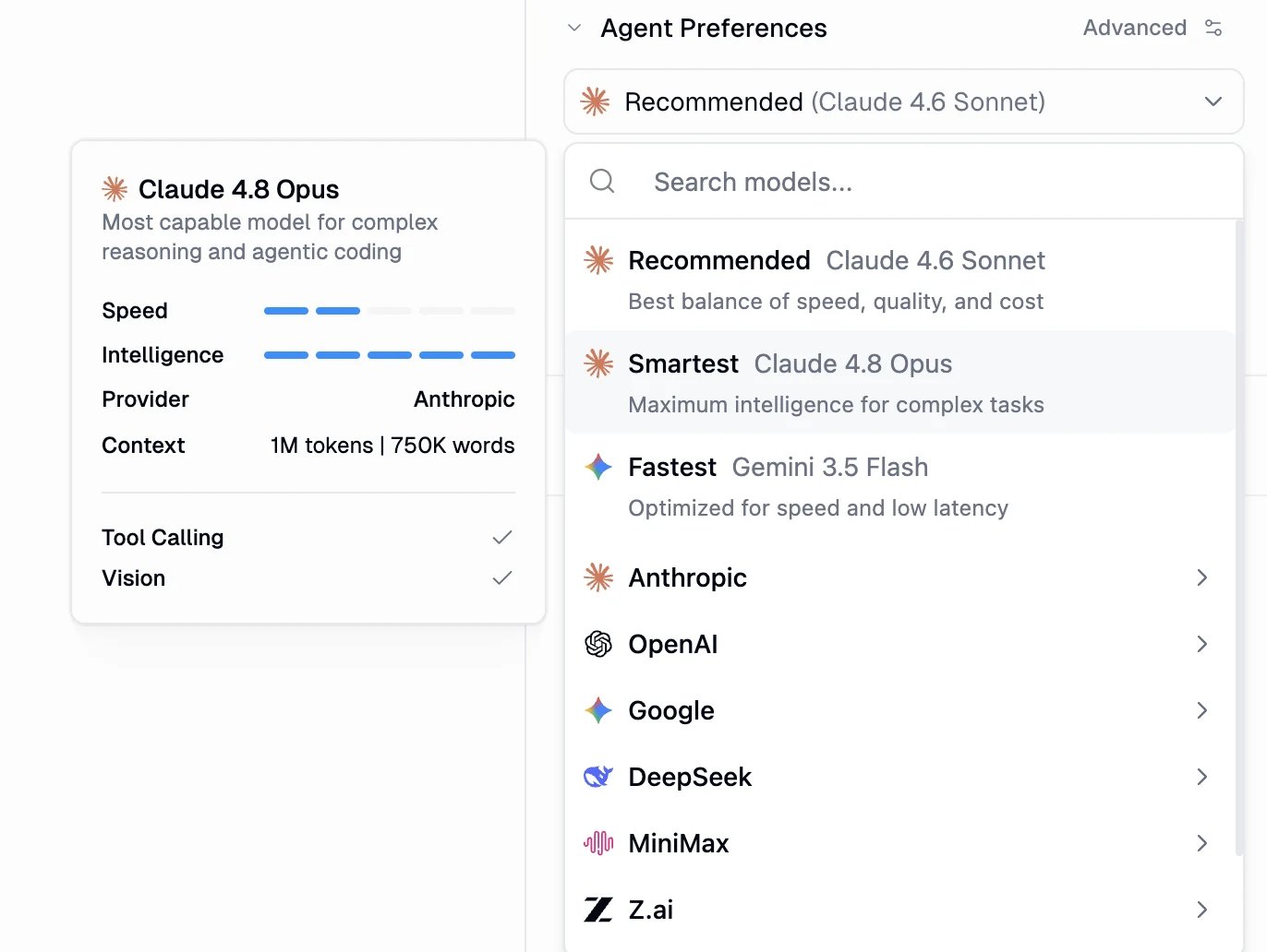 Agent model picker showing Recommended, Smartest, and Fastest presets, a provider list, and a model detail card for Claude 4.8 Opus